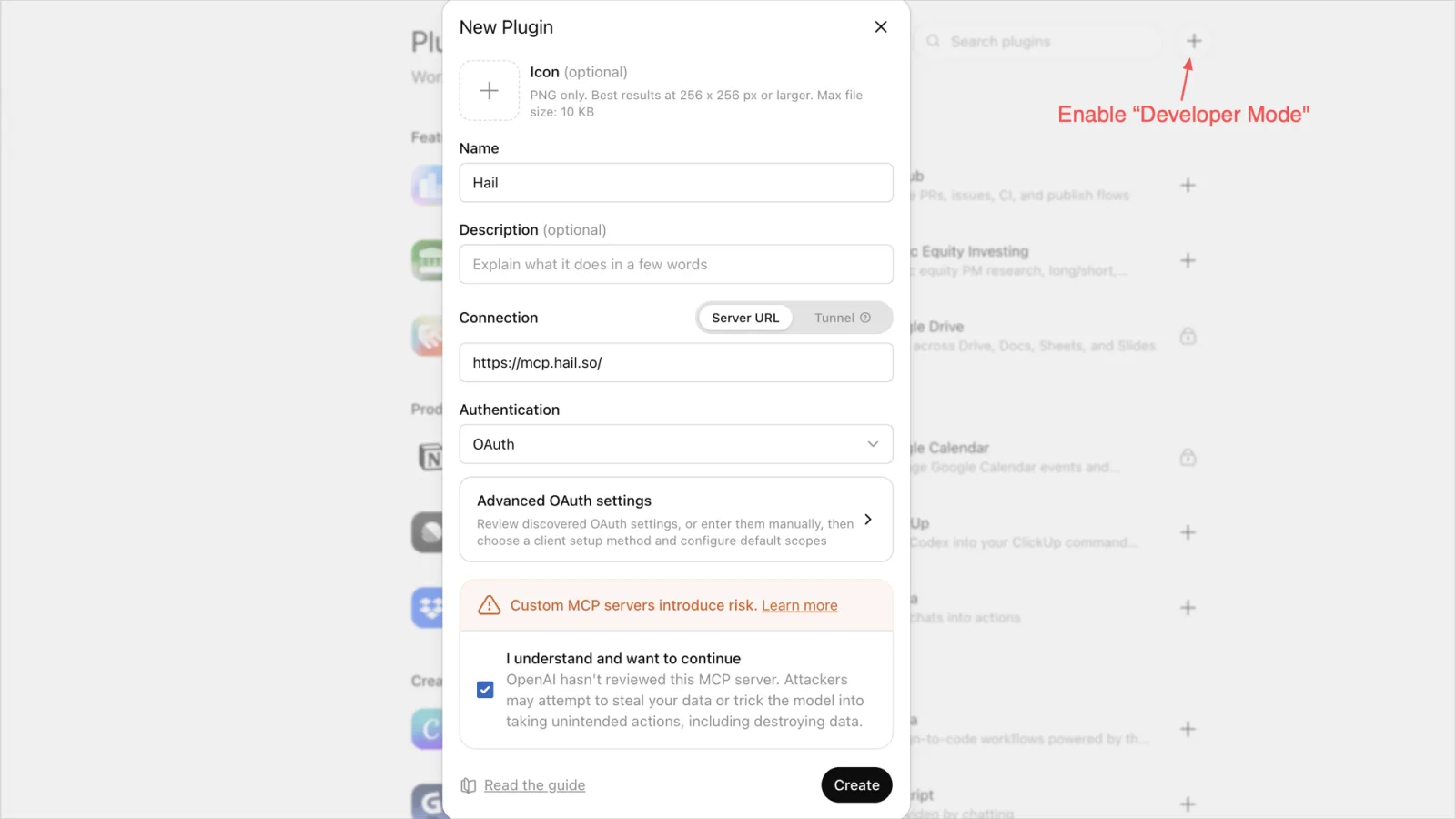 The New Plugin dialog in ChatGPT, with the Hail server URL entered and OAuth authentication selected
