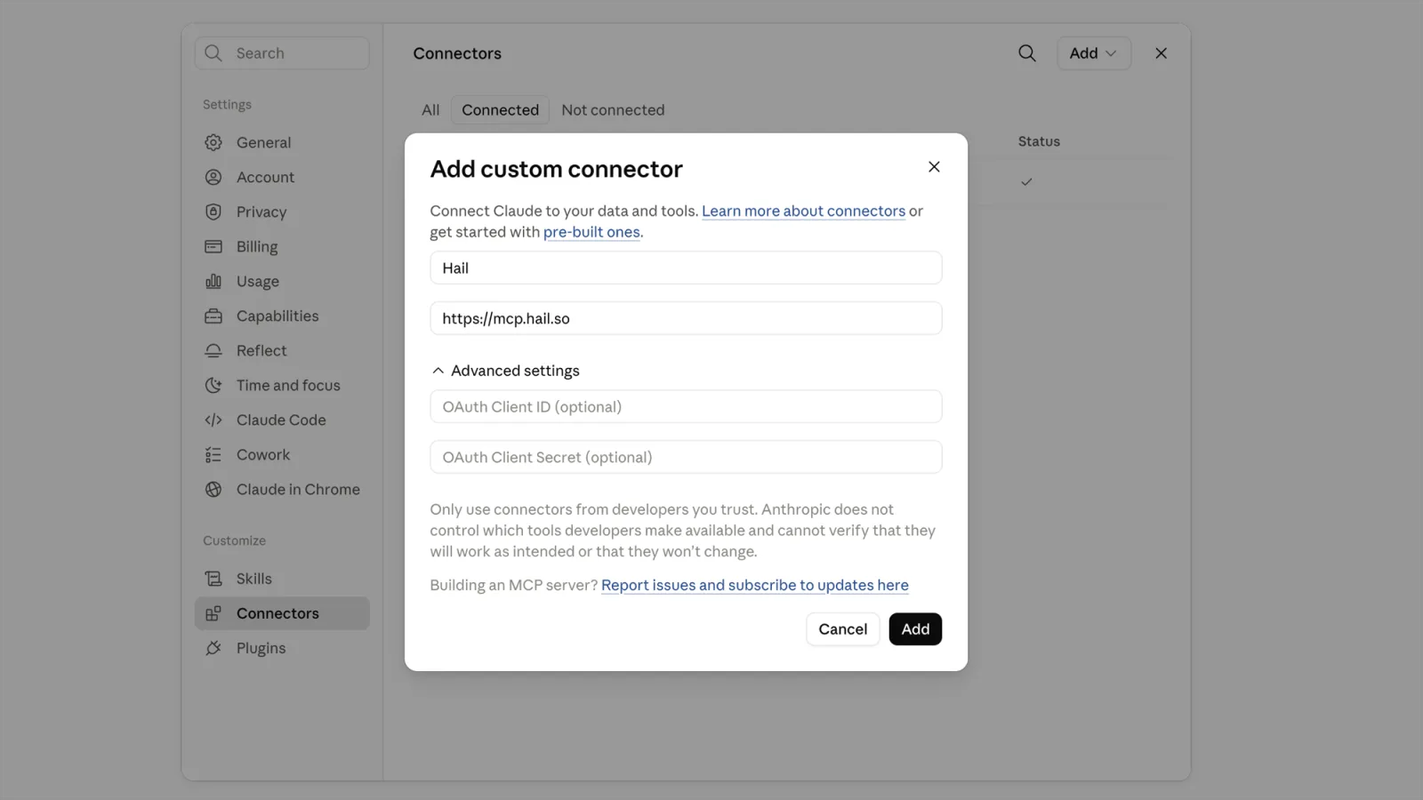 The Add custom connector dialog in claude.ai settings, with the Hail name and URL filled in
